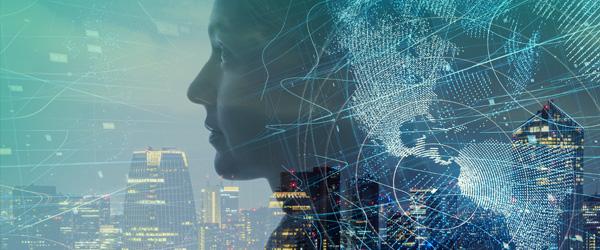 Young woman's profile over cityscape with stylized globe illustration