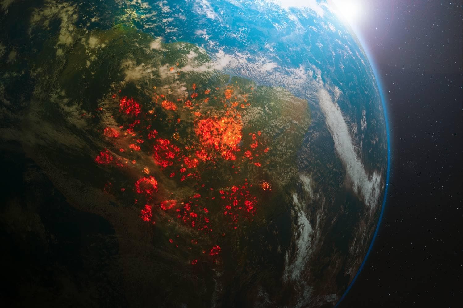 Earth aerial view showing the Amazon forest burning