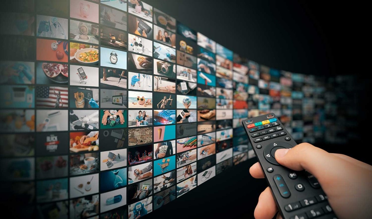 Hand on television remote control