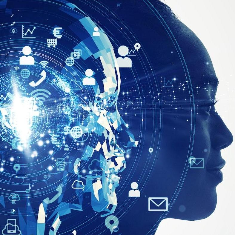 Side view of woman's face with digital AI face overlapping it