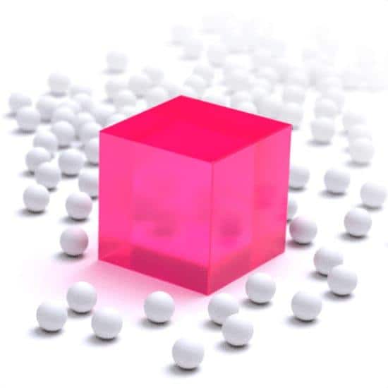 White balls representing data with larger pink cube in middle representing one best answer