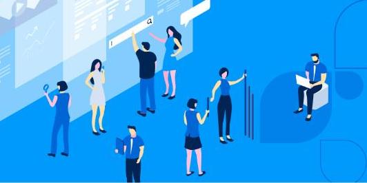 Illustration showing workers using analytics for decisioning