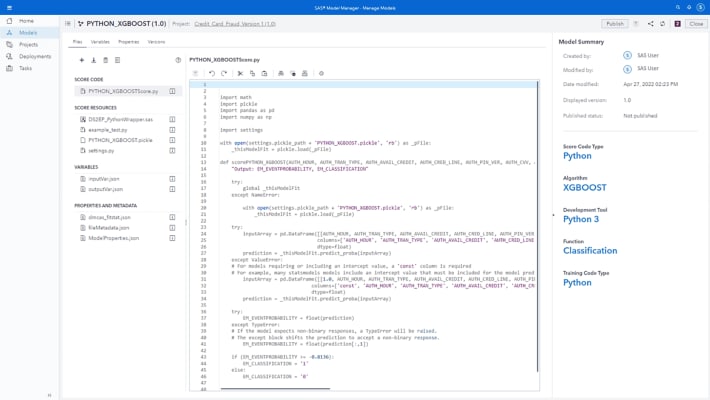 Screenshot of SAS Model Manager Validate models