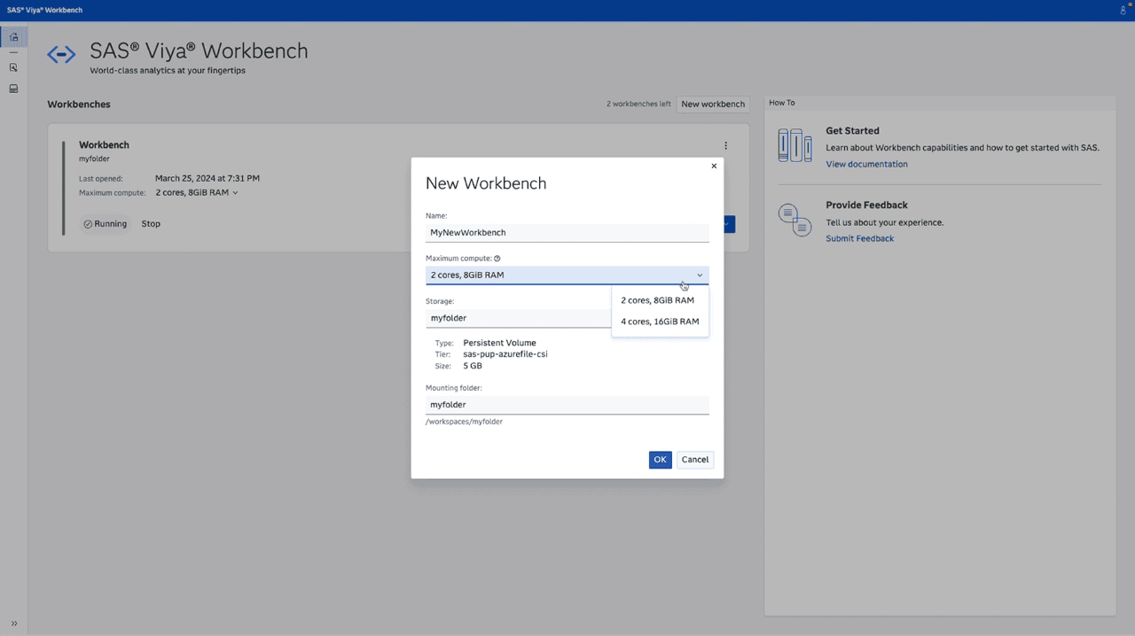 SAS Viya Workbench screenshot showing select compute
