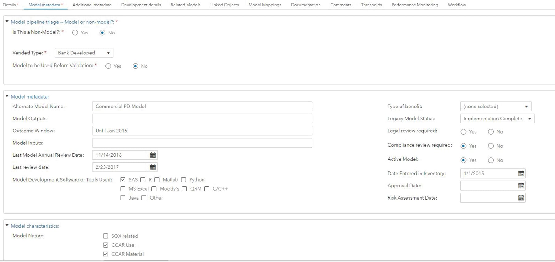 Screenshot of SAS Model Risk Management showing metadata