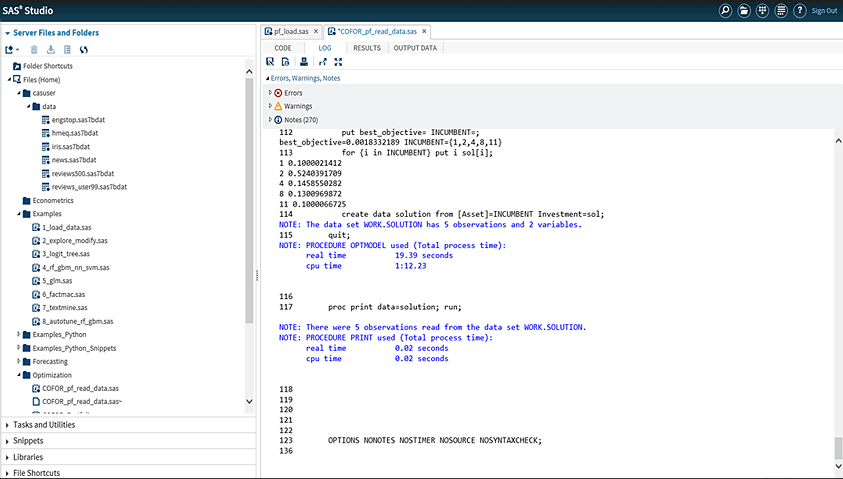 Screenshot of SAS Optimization showing optimization log 