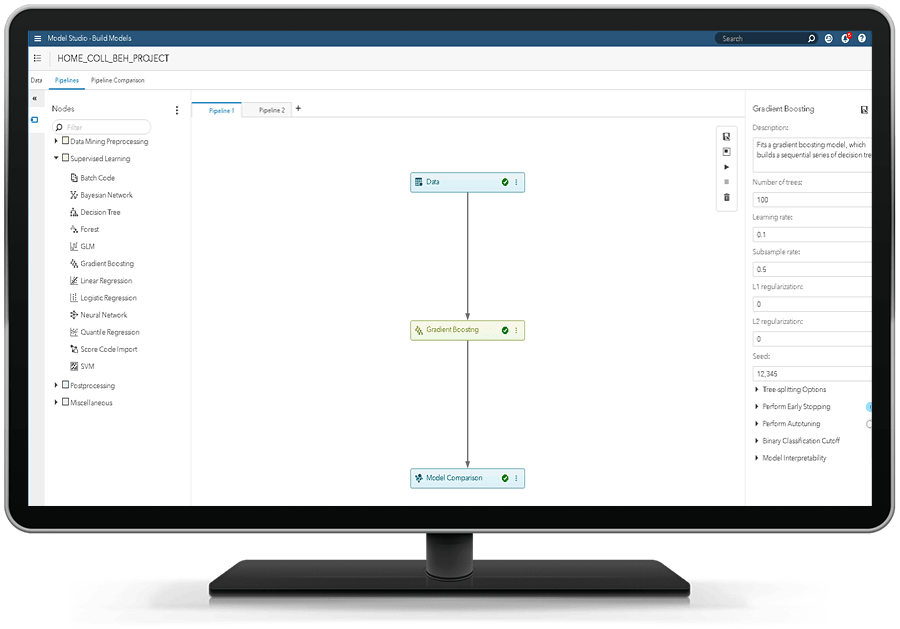 SAS Risk Modeling showing robust machine learning model development on desktop monitor