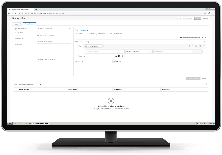 SAS Risk Modeling showing ability to derive complex variables on desktop monitor