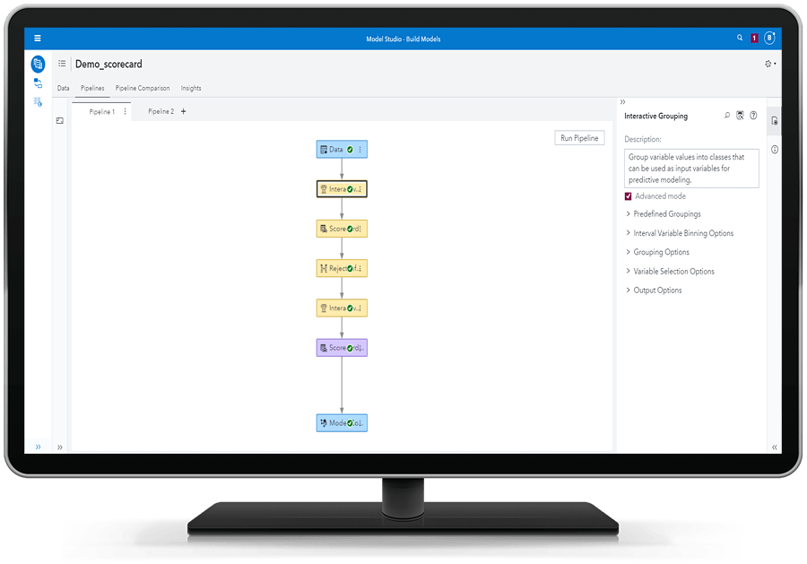 SAS Risk Modeling showing end-to-end support for scorecard development on desktop monitor