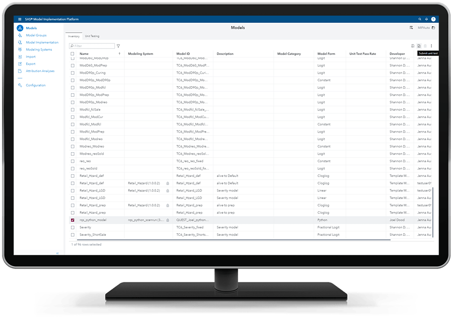 SAS Model Implementation Platform showing Python models on desktop monitor