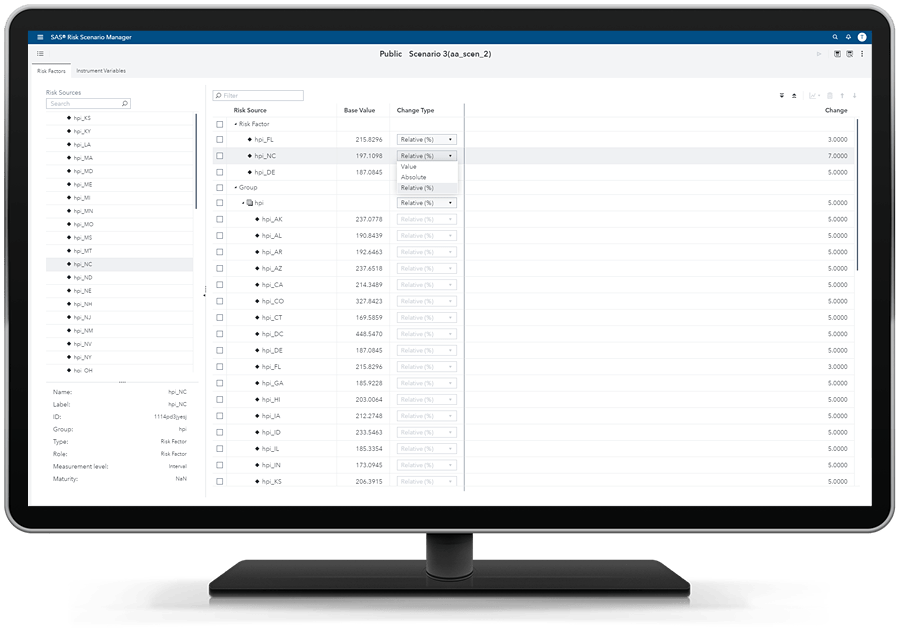 SAS Model Implementation Platform showing risk scenario manager on desktop monitor