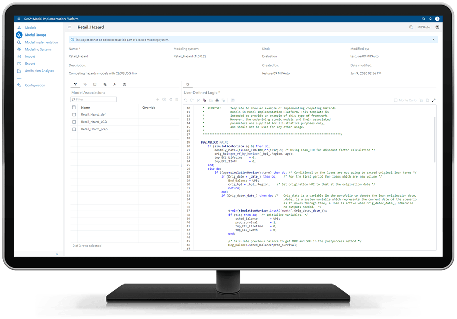SAS Model Implementation Platform showing retail hazard model on desktop monitor