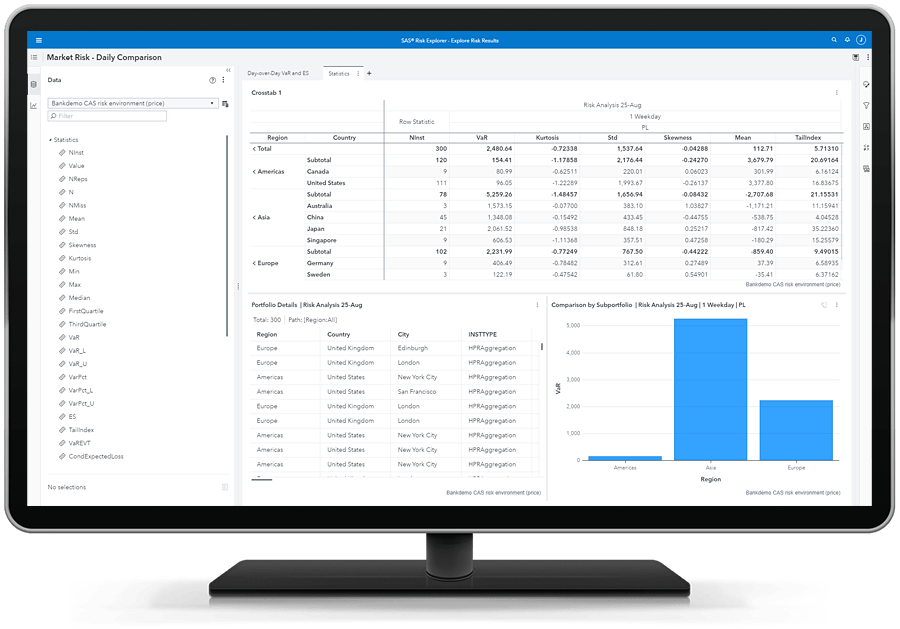 SAS Risk Engine showing statistics and subportfolio details on desktop monitor