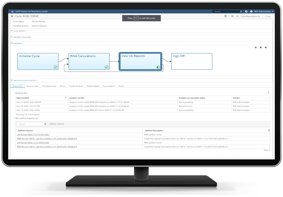 SAS Solution for Regulatory Capital showing cycles on desktop monitor