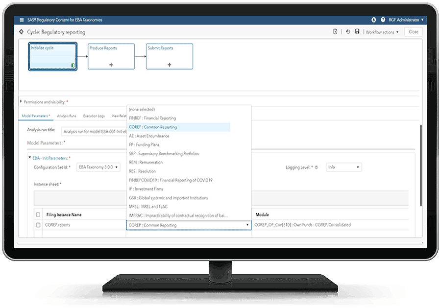 SAS Regulatory Content for EBA Taxonomies showing sample template on desktop monitor