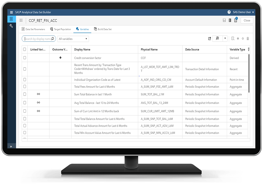 SAS Credit Scoring showing SAS Analytical Data Set Builder on desktop monitor