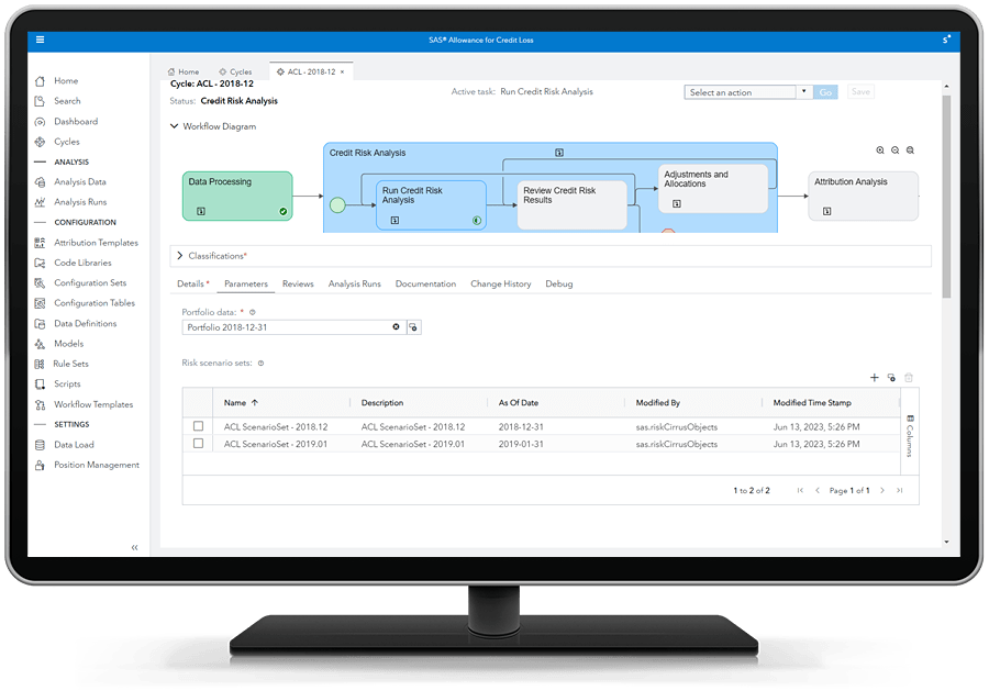 SAS Allowance for Credit Loss showing cycle credit risk analysis on desktop monitor