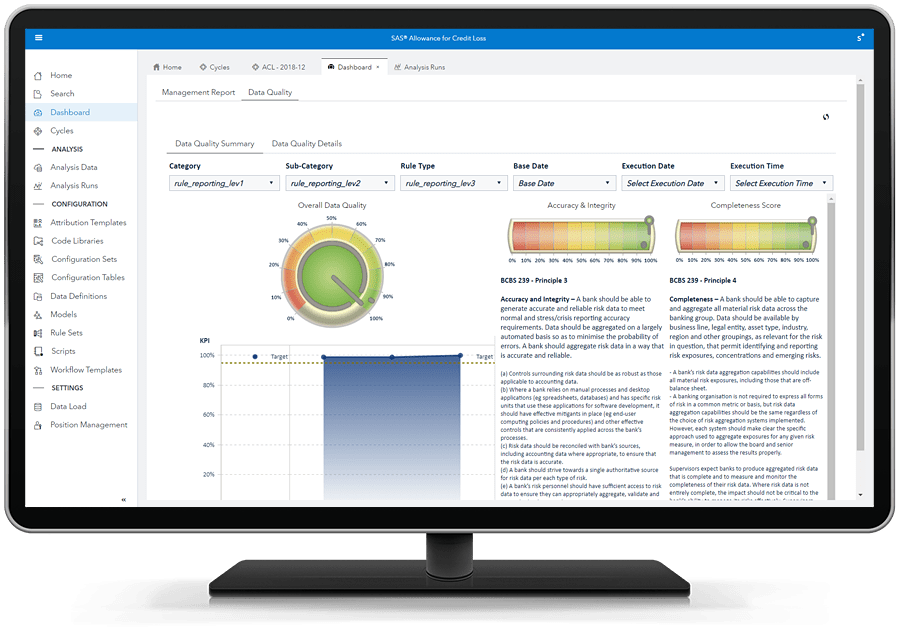 SAS Allowance for Credit Loss showing data quality dashboard on desktop monitor