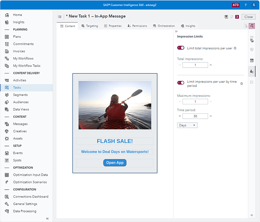 Screenshot showing SAS Customer Intelligence 360 - Activate one button in app message task screen