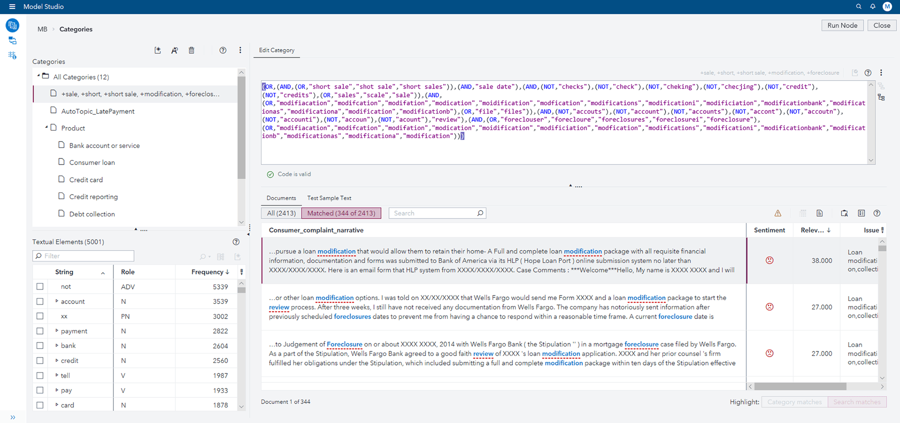 Screenshot of SAS Visual Text Analytics topics promoted to categories