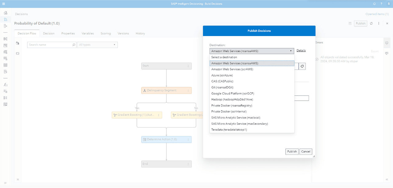 SAS Intelligent Decisioning container runtime publish screenshot