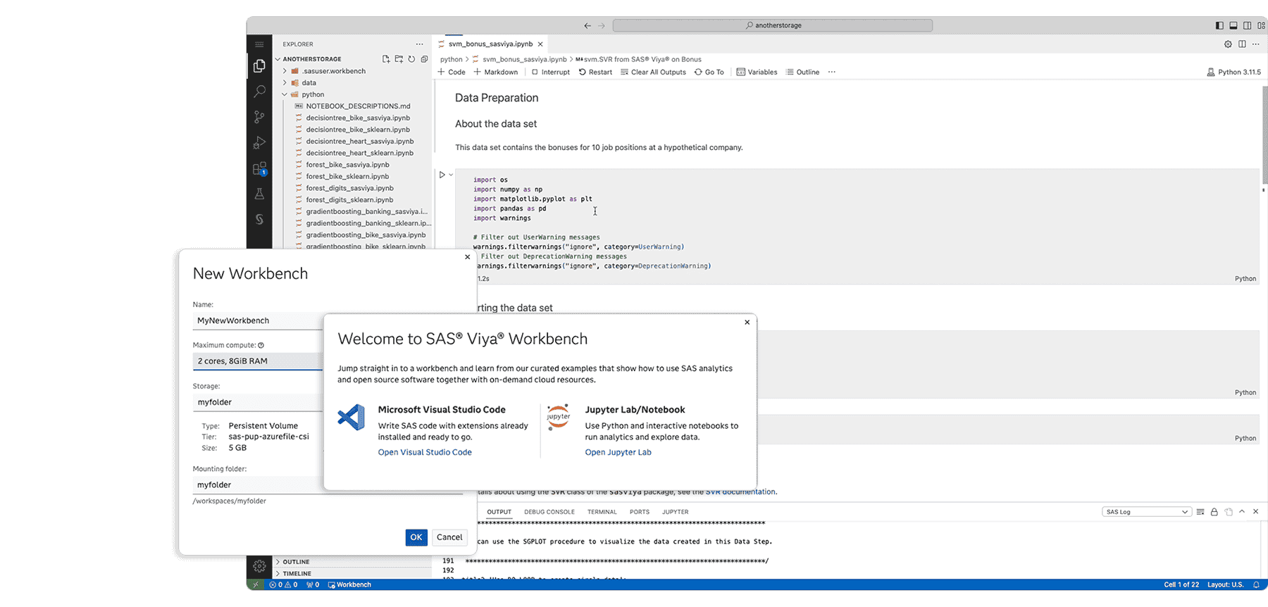 Screenshot of SAS Viya Workbench with highlights