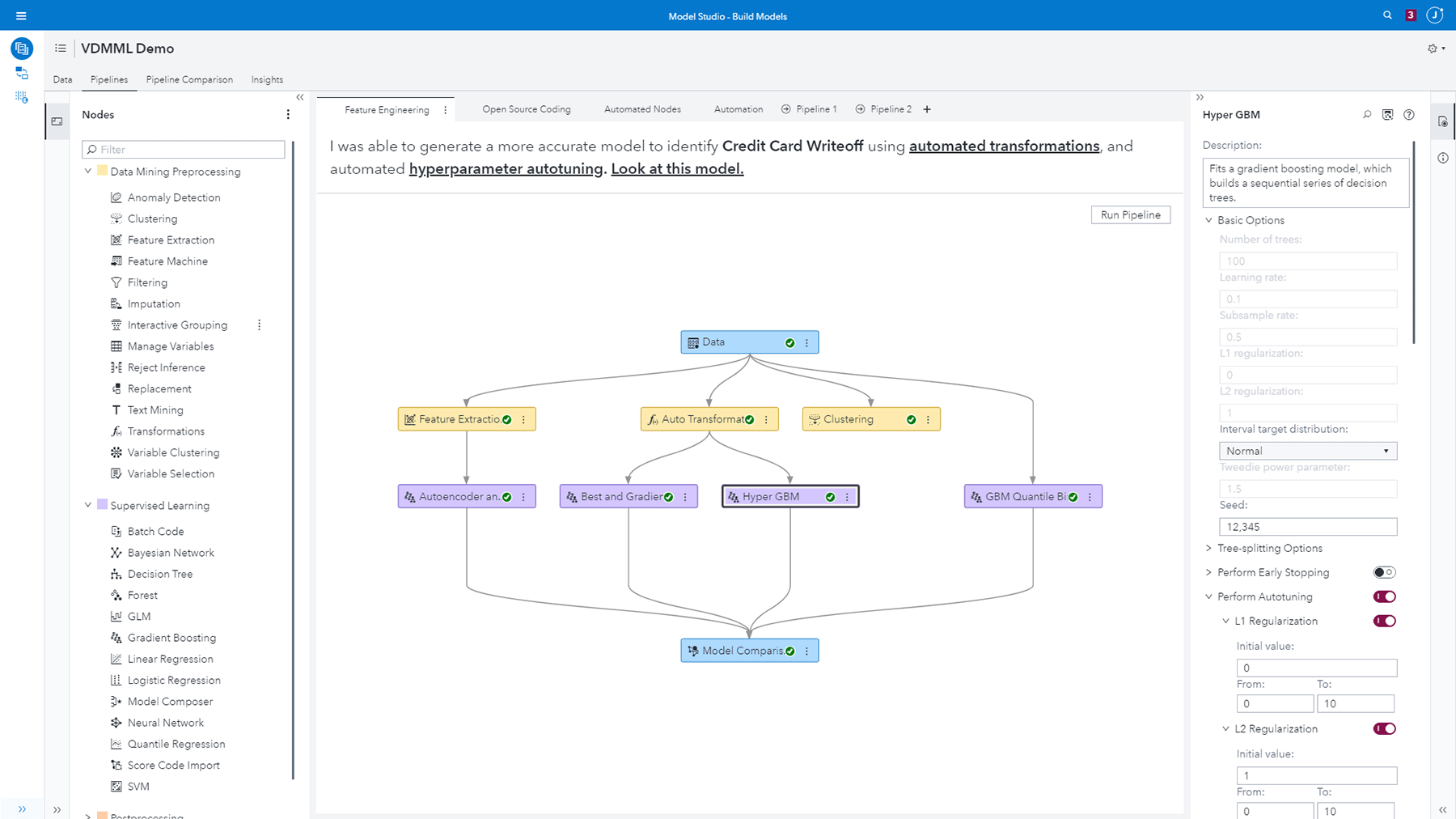 Screenshot of SAS Visual Data Mining and Machine Learning showing pipeline for automated feature engineering on desktop monitor