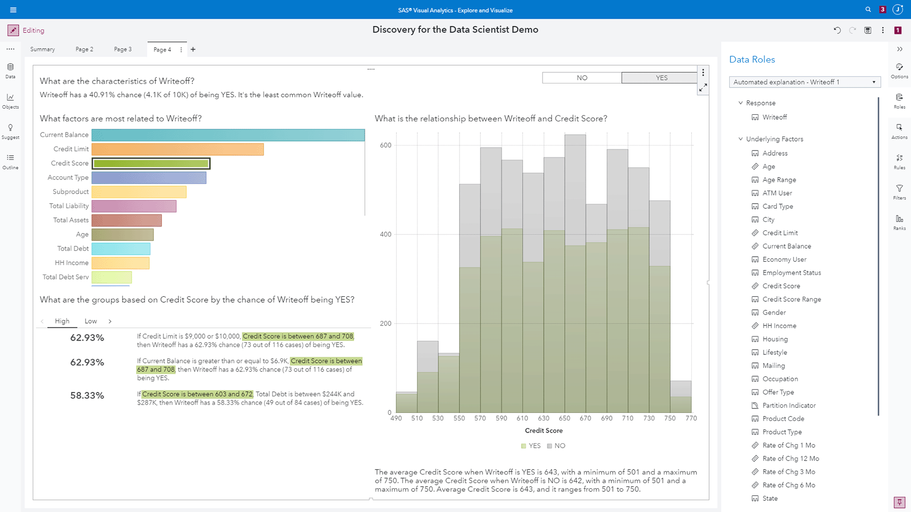 SAS Visual Data Mining and Machine Learning showing automated explanations on desktop monitor