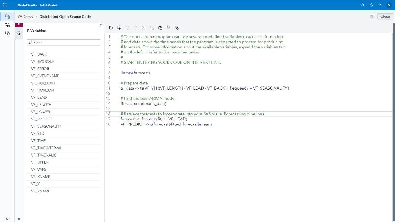 Screenshot of SAS Visual Forecasting showing open source code node