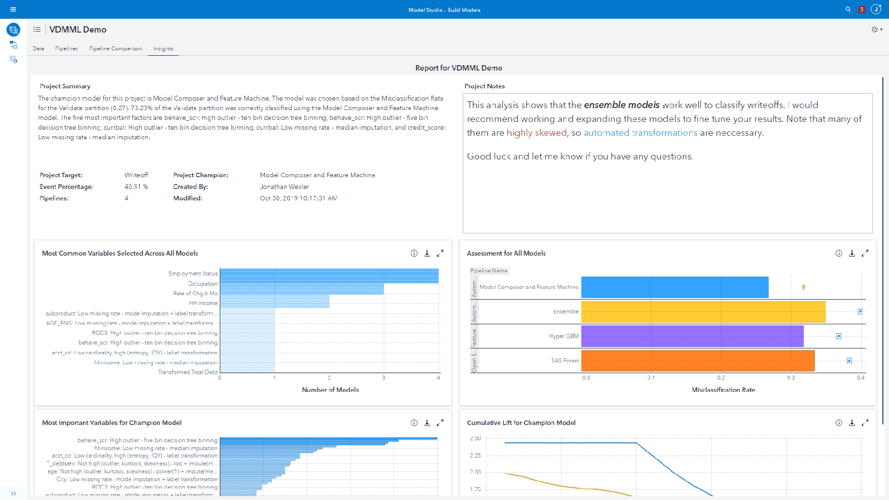 Screenshot of SAS Visual Data Mining and Machine Learning showing automated insights with natural language generation on desktop monitor