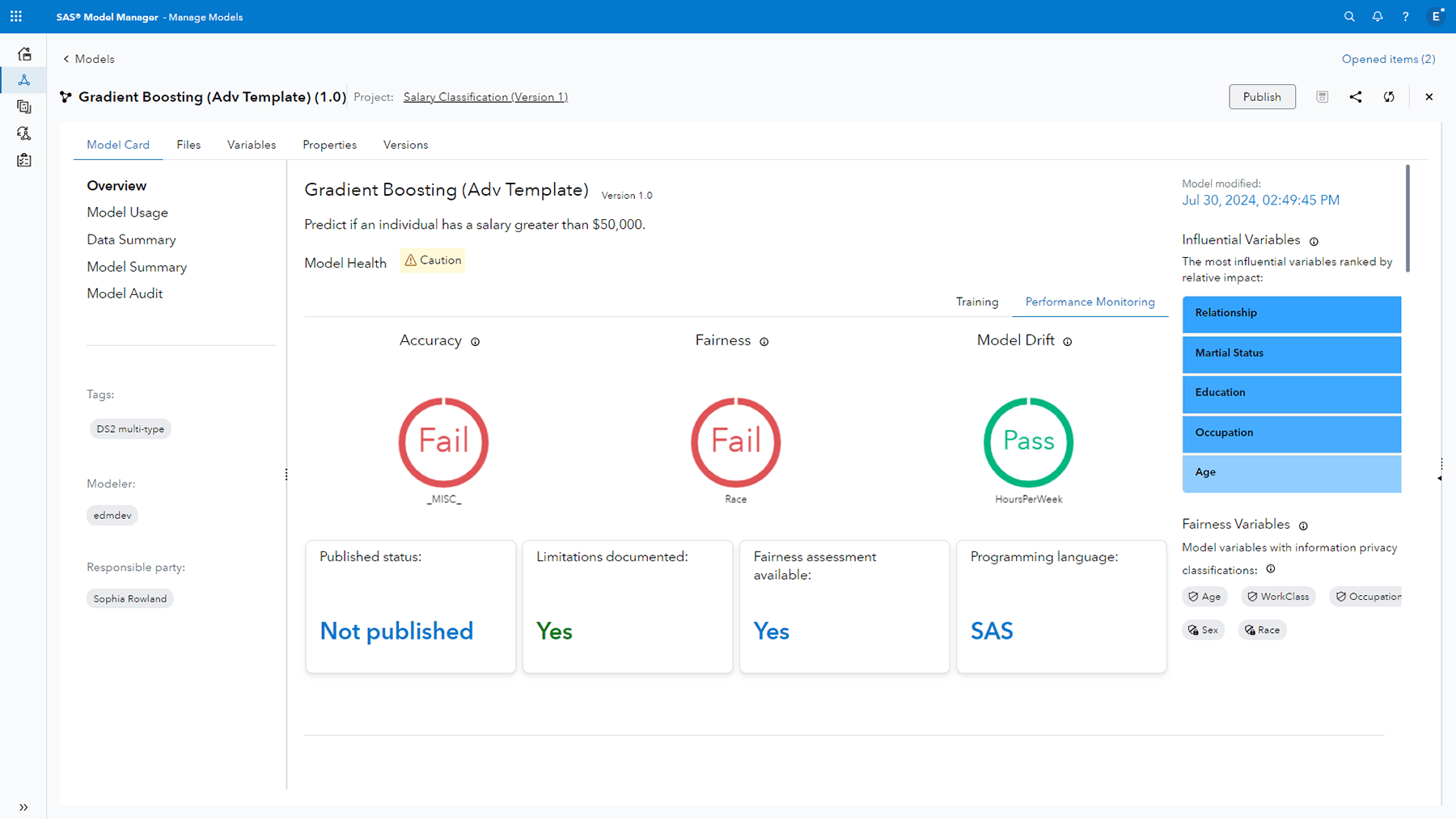 Screenshot of SAS Model Manager model cards